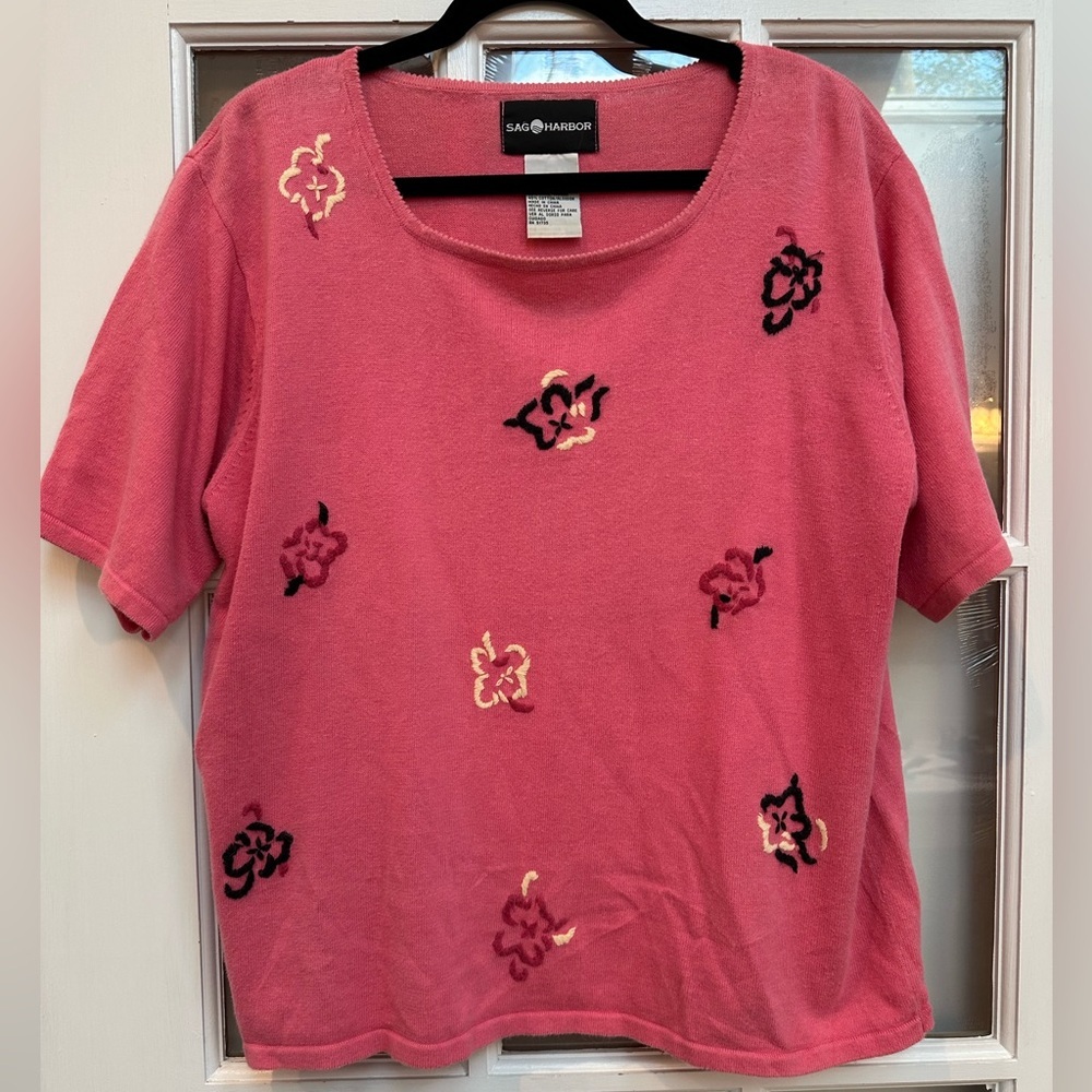 Vintage Sag Harbor Dark Pink Embroidered Rose Floral Top Blouse Women’s Size XL